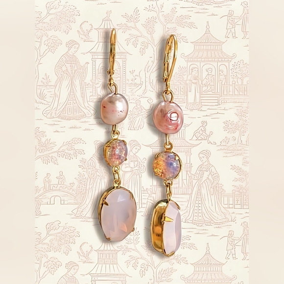 Pink Opal & Pink Fire Opal with Baroque Pearl in Yellow Gold Dangle Earrings - Picture 1 of 5